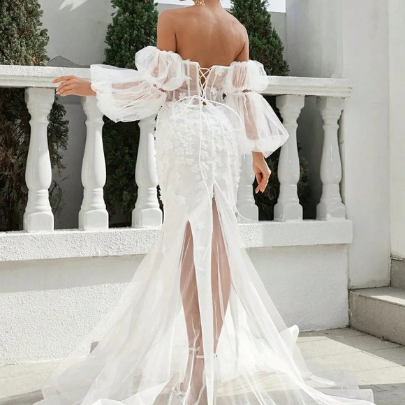 White Preppy Womens One Shoulder Back Tie Dress w/ Floral Fabric And Mesh Skirt - Picture 2 of 5